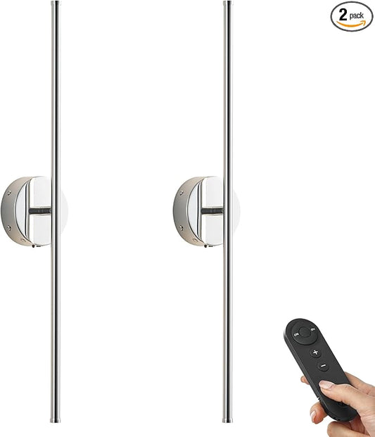 Battery Operated Wall Sconces with Remote Control, Dimmable Wall Sconces Set of Two, 350°Rotate, 3000K LED Chrome Wireless Wall Light for Living Room, Bedroom, Hallway, 28.3 Inch (2 Pack)