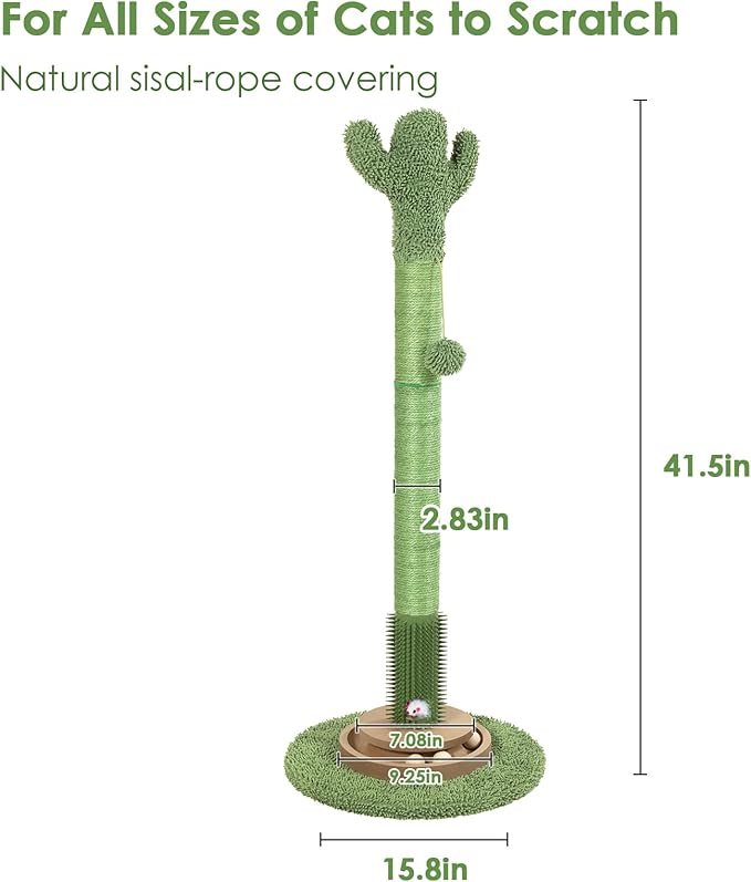 Heavy Duty Cactus Cat Scratching Post 41.5 Inch Tall for Indoor Cats, Natural Sisal Scratcher with Interactive Ball Toy & Cat Grooming Brush, Protector for Kittens & Large Cats