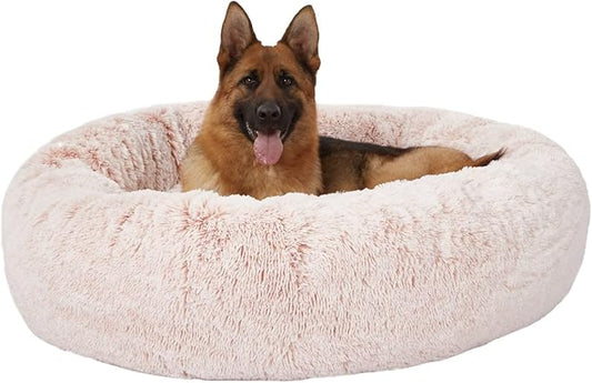 Bedfolks Calming Donut Dog Bed, 45-Inch Round Plush Anti-Anxiety Dog Bed, Washable with Non-Slip Bottom (Pink, Extra Large)