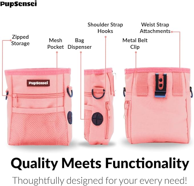 Dog Treat Pouch for Training – Magnetic Dog Treat Bag with Belt Clip & Poop Bag Dispenser – Hands Free Carry Pouch with Auto-Close Access & Shoulder Strap – Durable Pet Gear –Light Pink
