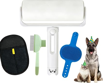 4-in-1 Pet Hair Removal Kit, Reusable Lint Roller, Anti-Slip Glove, Deshedding Comb, Portable Sticky Roller for Cats and Dogs（ Blue）