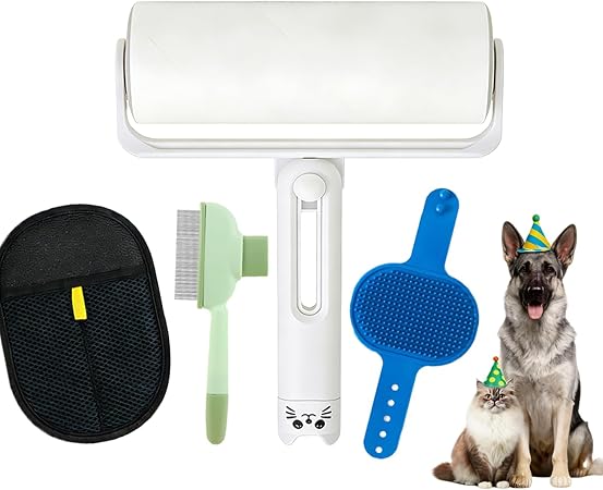 4-in-1 Pet Hair Removal Kit, Reusable Lint Roller, Anti-Slip Glove, Deshedding Comb, Portable Sticky Roller for Cats and Dogs（ Blue）