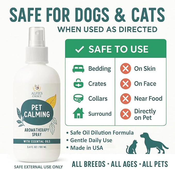 ALFIE'S CHOICE Pet Calming Aromatherapy Spray for Dogs |3.4 fl oz Travel Size | Lavender & Valerian Aromatherapy Mist | for Crate, Car & Vet Visit Comfort | Made in USA