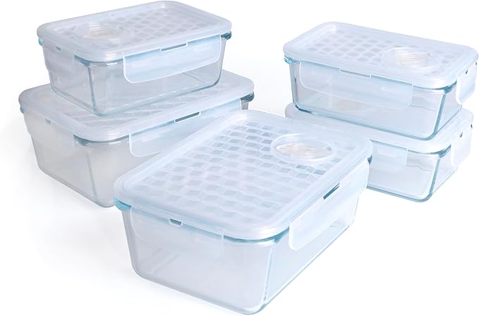 Borosilicate Tempered Glass Food Storage Containers with Lids, [5 Pack] Airtight Lunch Containers. Microwave, Oven, Freezer and Dishwasher Safe.