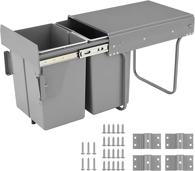 Double Pull Out Trash Can for Under Kitchen Cabinets 44 Qt with Soft-Close Slides, Under Sink Garbage Waste Recycling Bin with Lid for Cabinet, Gray
