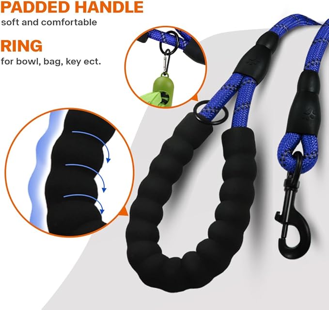 Taglory Rope Dog Leash 6 FT with Comfortable Padded Handle, Highly Reflective Threads Leash for Medium Large Dogs, 1/2 inch, Navyblue