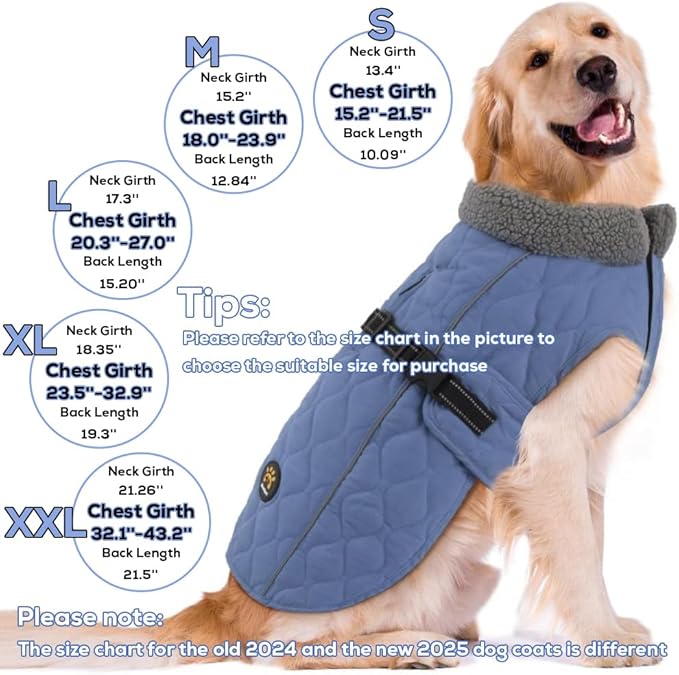 Dog Coats for Cold Weather, Fleece Lining Small/Medium/Large Dog Jackets for Winter, Reflective Adjustable Doggie Winter Clothes for X-Large Dogs, Blue XL
