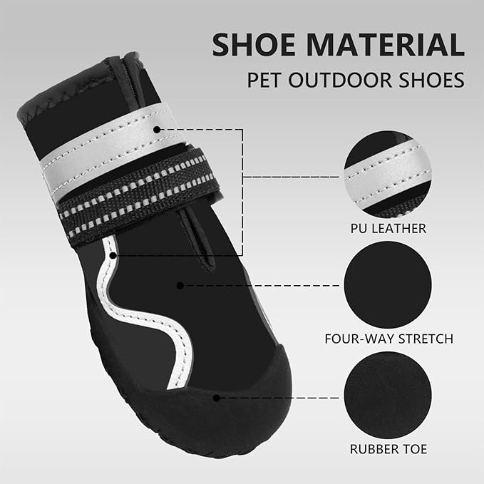 Dog Shoes Small Medium Large Size Dogs, Puppy Booties Paw Protector for Hot Pavement, Non-Slip Waterproof Rubber Reflective Strapped Boots (Black, Size 7#: (3.2 * 2.8) (L*W) for 63-75lbs)