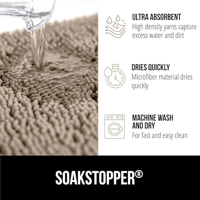 GORILLA GRIP SoakSTOPPER Dog Door Mat, Machine Washable Rug Absorbent Doormat Captures Moisture Mud Dirt, Quick Dry Soft Chenille Entryway Rugs Indoor Entrance Mats for Dog Paws, 24x17 Beige