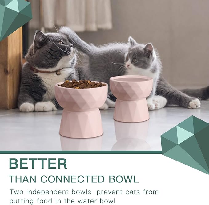 Frewinky Cat Bowls,Ceramic Cat Bowls Anti Vomiting,Raised Food and Water Bowl Set for Cats and Small Dogs,13.5 Oz,Pink