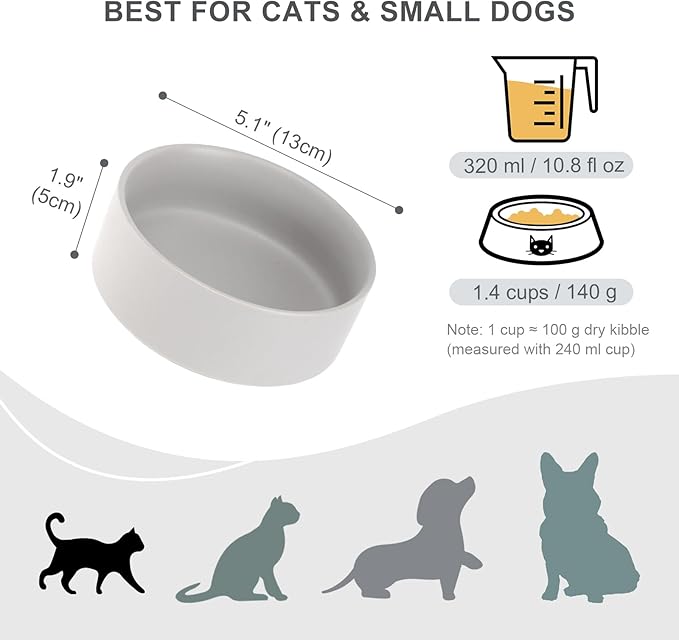 Ceramic Dog Bowl for Food and Water - Pet Feeder Bowl for Small Dogs and Cats - Heavy Ceramic Feeding Dish with Non Slip Base - Dishwasher & Microwave Safe - Set of 2 Bowls - 5Inch/1.4 Cups - Gray