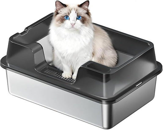 Enclosed Stainless Steel Cat Litter Box with Lid, XL Extra Large Litter Box for Big Cats, Metal Litter Pan High Sided, Never Absorbs Odors, Anti-Urine Leakage, Easy Cleaning, Include Scoop