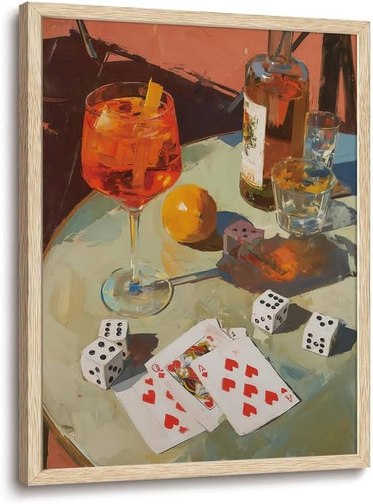 XJYISUO Framed Wall Art Dice Wall Decor Cocktail Canvas Art Poker Cards Pictures Vintage Paintings Bar Artwork For Living Room Game Room