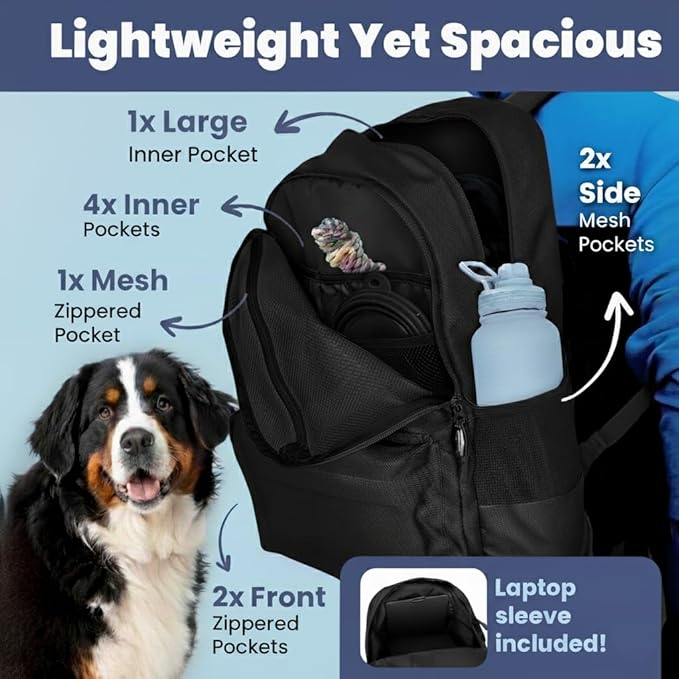 Dog Travel Bag for Supplies - Complete Doggy Diaper Bag Backpack - Ideal Gift for Dog Lovers, Doggy Moms & Dads for Christmas - Laptop Sleeve, 2 BPA-Free Bowls, Food Container, Treat Pouch: Black