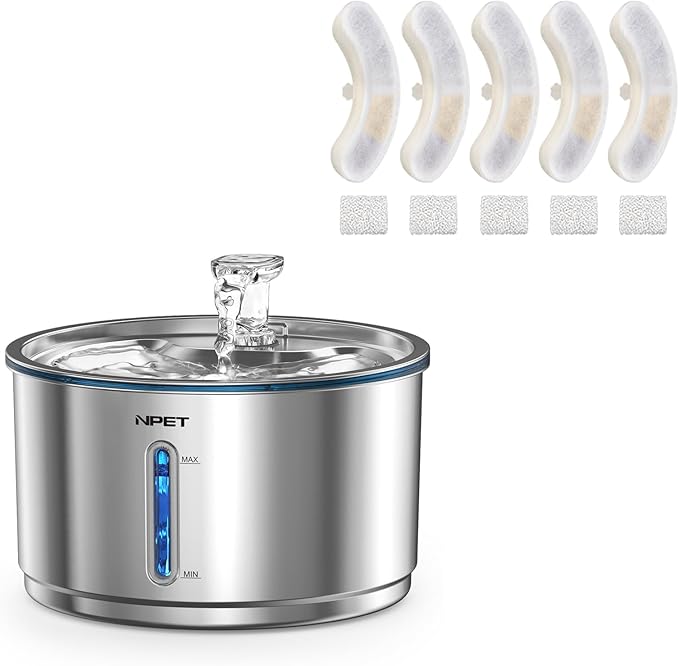NPET Stainless Steel Cat Water Fountain, 1Gallon/135oz Automatic Pet Drinking Fountain with 4 Pack Replacement Filters
