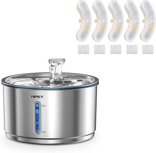 NPET Stainless Steel Cat Water Fountain, 1Gallon/135oz Automatic Pet Drinking Fountain with 4 Pack Replacement Filters