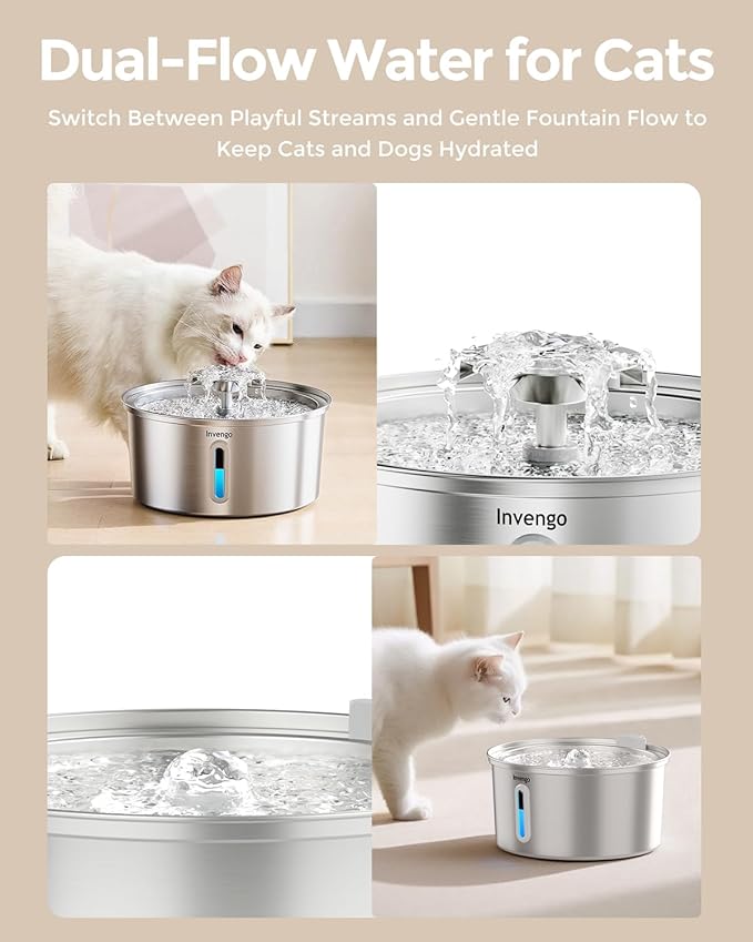 Cat Water Fountain Stainless Steel 3.2L/108oz, Invengo Automatic Pet Fountain for Cats & Dogs, Ultra Quiet <25 dB Pump, Includes 8 Replacement Filters & Sponges, LED Water Level Window, Easy to Clean