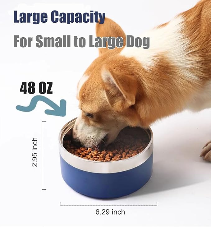 Dog Bowl, Dog Food Water Bowl with Non-Slip Rubber Base, Stainless Steel, Double Wall Small Medium Large Dogs, 32oz, Pack of 2 (Grey)
