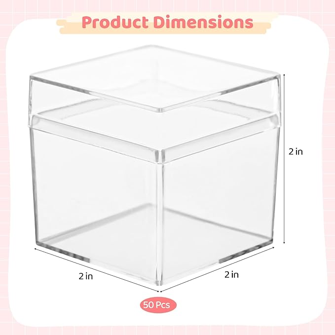 50 Pcs Clear Acrylic Boxes 2X2X2 with Lids, Square Mini Display Cases, Stackable Containers for Favors, Jewelry, and Treats