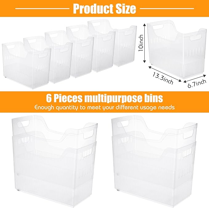 Qunclay 6 Plastic Freezer Organizer Bins with Wheel Set Clear Tall Narrow Kitchen Pantry Organizer Snack Storage Containers for Office Refrigerator(10 x 13.3 x 6.7inches)