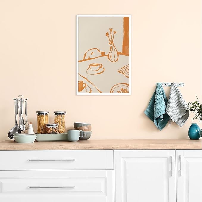 Cute Sneaky Dog Kitchen Poster Scandi Breakfast Coffee Canvas Wall Art Whimsical Abstract Animal Sketch Aesthetic Prints Painting For Living Room Kitchen Dining Room Wall Decor 16x24in Unframed