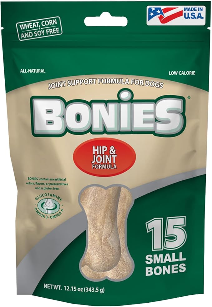 Bonies Natural Hip & Joint Formula Small-Sized Single Bone, Glucosamine & Omega Fatty Acids, Fresh Breath, Clean Teeth, Low Calories, Chicken Flavor, Small Dogs, 20 Bones