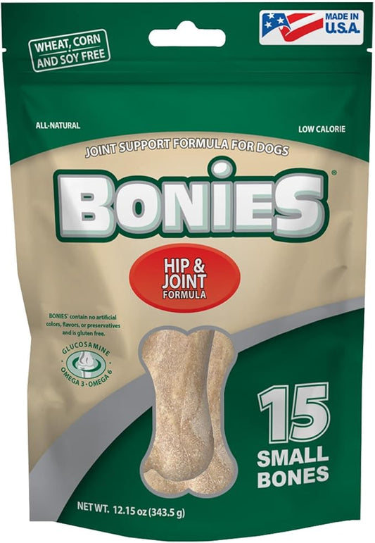 Bonies Natural Hip & Joint Formula Small-Sized Single Bone, Glucosamine & Omega Fatty Acids, Fresh Breath, Clean Teeth, Low Calories, Chicken Flavor, Small Dogs, 20 Bones
