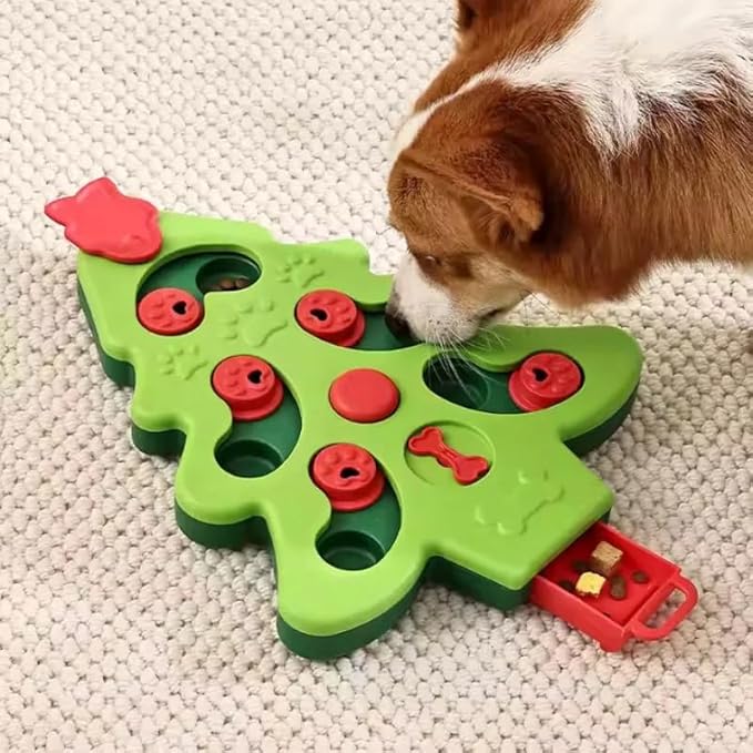 Interactive Dog Treat Puzzle Toy, Christmas Tree Sliding Food Puzzle Feeder, Mental Stimulation & Boredom Buster, Slow Feeding Enrichment Toy for Small Medium Dogs