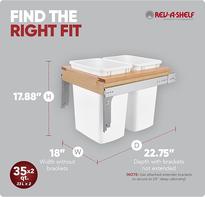 Rev-A-Shelf Top Mount Double Pullout Under Cabinet 35 Quart Kitchen Trash Cans with 150 Pound Rated Full-Extension Slides, 4WCTM-21DM2