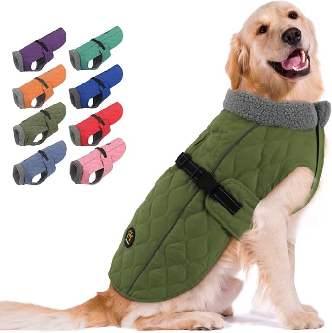 Dog Winter Coats, Fleece Lining Winter Coats for Dogs, Adjustable Windproof Dog Cold Weather Coat, Quick Release Buckle Puppy Jacket for Small Medium Large Dogs, Green S