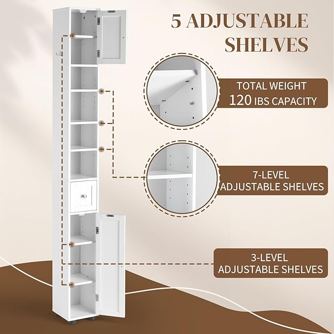 Karl home White Narrow Floor Storage Cabinet, Freestanding Storage Unit with 1 Drawers & 2 Doors, Thin Toilet Organizer for Small Spaces，for Entryway, Bathroom