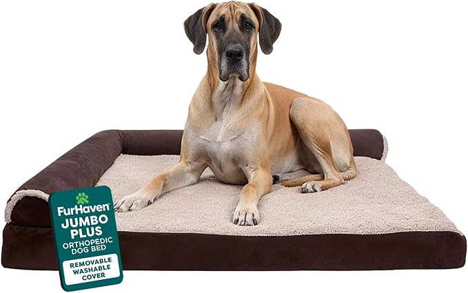 FurHaven Orthopedic Dog Bed for Large Dogs, L-Shaped Chaise Contour Mattress with Solid Orthopedic Foam Slab for Joint Support, Removable Washable Cover, Jumbo Plus/XXL, Faux Fur & Suede, Espresso