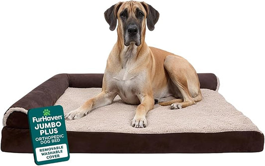 FurHaven Orthopedic Dog Bed for Large Dogs, L-Shaped Chaise Contour Mattress with Solid Orthopedic Foam Slab for Joint Support, Removable Washable Cover, Jumbo Plus/XXL, Faux Fur & Suede, Espresso