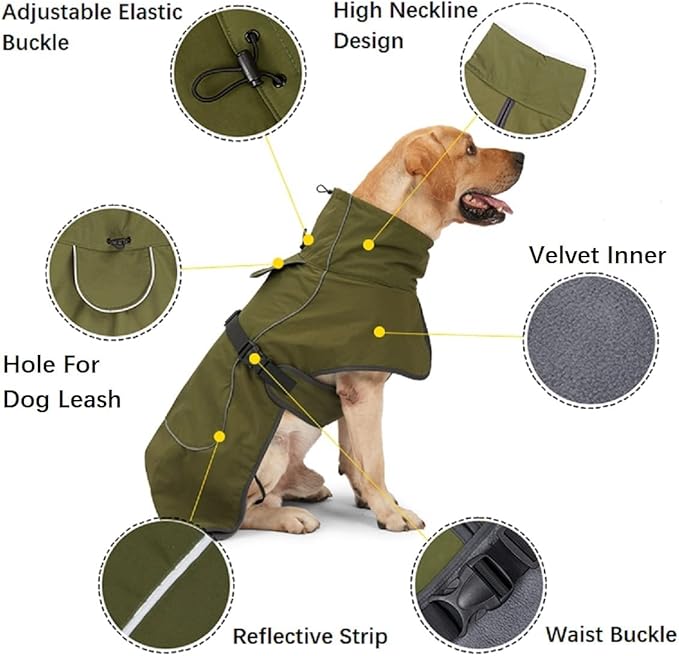 Barkworthies Dog Raincoat - Waterproof Winter Jacket with Velvet Inner, Reflective Strip, Green, L
