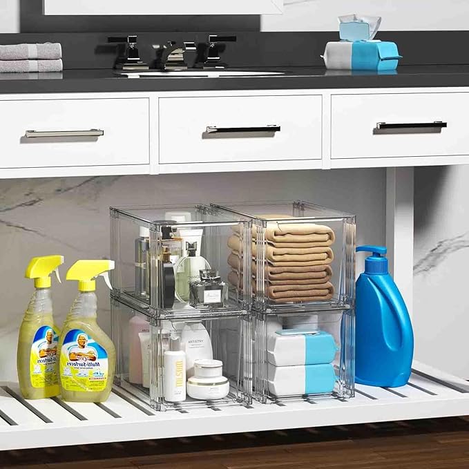 2Pack/4Pack Large-Capacity Stackable Storage Drawers for Organizer,Clear Acrylic Ample Bins,Easily Assemble,for Bathroom Closet/Kitchen Cabinets/Vanity/Undersink/Pantry Organization (4)