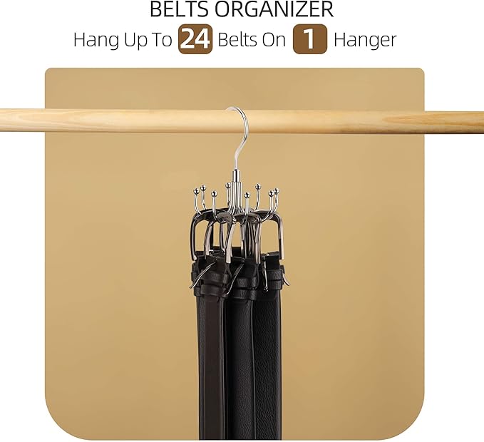 ZEDODIER 2 Pack Belt Organizer for Closet, Heavy-Duty Rotating Belt Hanger Rack Holds up to 48 Belts, Hanging Space Saving Metal Belt Holder for Closet Storage, Silver