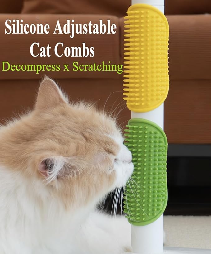 5pcs Cat Self Groomer Set - Adjustable Silicone Brushes with 5-Position Elastic Straps, Grooming Comb & Massage Tool for Table Legs & Cat Trees, Shedding Control Brush Kit (1Set)