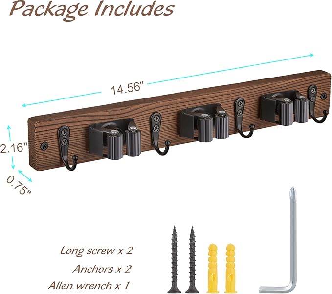 2 Pack Mop Broom Holder Wall Mount with 3 Slots & 4 Hooks - Rustic Wood Broom Mop Hanger for Pantry Kitchen Organization - Garden Tool Organizer for Closet Laundry Room