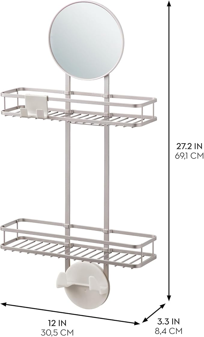 iDesign Self-Adhesive Shower Caddy with Mirror and Accessory Hooks - Satin