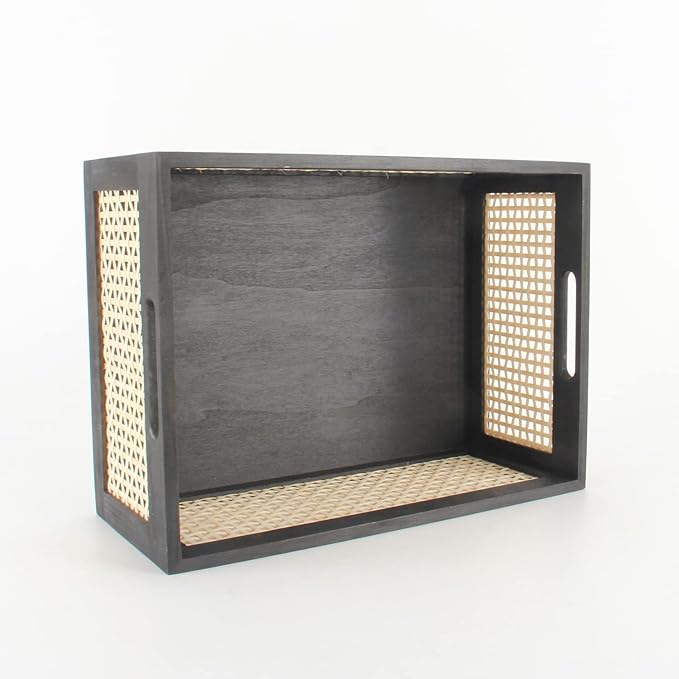 Black Wooden Basket, Rattan Storage Basket for Organizing, 14.96"x11.02"x6.30"