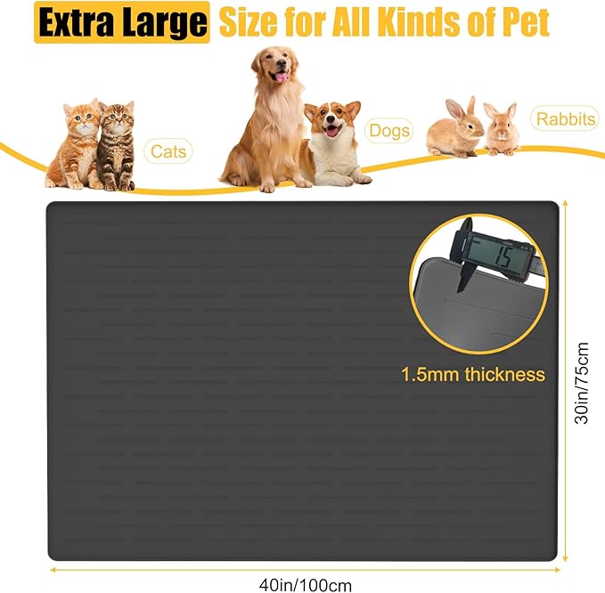 1.5MM Super Thick Dog Food Mat, 40"x30" Silicone Dog and Cat Mats for Food and Water Bowls, Waterproof Pet Feeding Mat for Contain Spills Protects Floors, Multiple Colors & Sizes for Pets, Light Gray