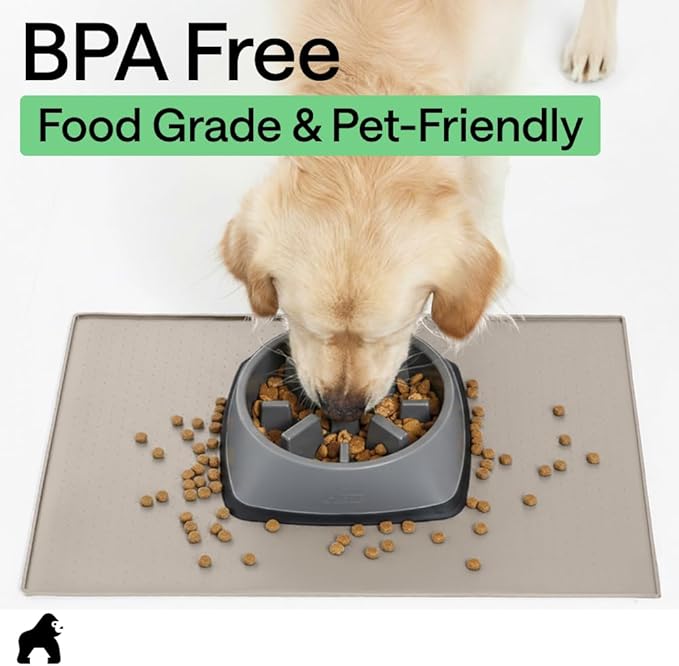 GORILLA GRIP 100% Waterproof Raised Edge BPA Free Silicone Pet Feeding Mat, Dog Cat Food Mats Contain Spills Protects Floors, Placemats for Cats and Dogs Water Bowl, Pets Accessories 32x24 Beige