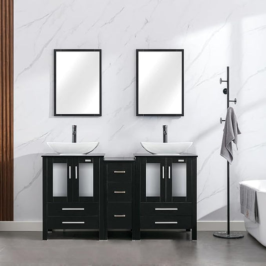eclife 60" Modern Bathroom Vanity Sink Combo Freestanding Cabinet with Small Side Cabinet, White Curved Ceramic Vessel Sink, Water Save Faucet, Drain (Black+T32)
