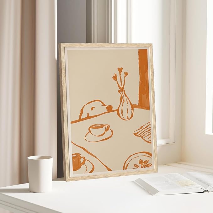 XJYISUO Framed Wall Art Funky Dog Wall Decor Coffee Canvas Art Minimalist Animal Pictures Warm Paintings Modern Neutral Artwork for Kitchen Nursery Living Room
