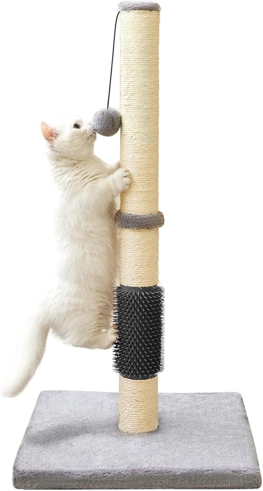 MeowHomm 32" Cat Scratching Post with Self Groomer Cat Brush, Sisal Rope Tall Cat Scratching Post with Soft Hanging Ball for Indoor Cats, Cat Claw Scratcher Covered with Soft Smooth Plush