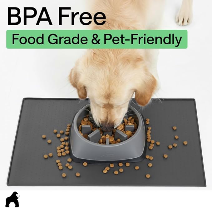 GORILLA GRIP 100% Waterproof Raised Edge BPA Free Silicone Pet Feeding Mat, Dog Cat Food Mats Contain Spills Protects Floors, Placemats for Cats and Dogs Water Bowl, Pets Accessories 28x18 Charcoal