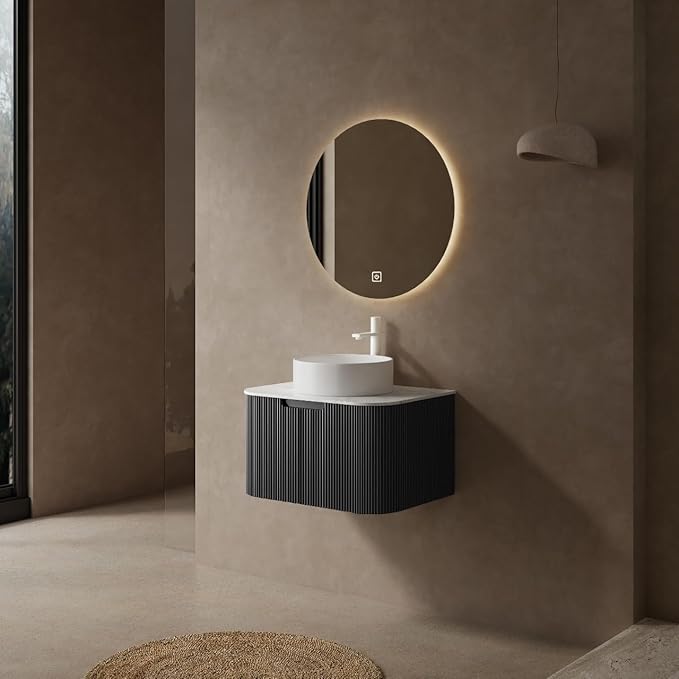 KEIKI 24" Wall-Mounted Floating Bathroom Vanity with Sink Combo, Modern 3D Striped Storage Cabinet with Curved Edges & Soft-Close Drawer, Ceramic Basin Without Faucet, Black
