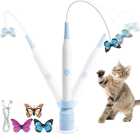 Rechargeable Automatic Cat Toy with Suction Cup, Interactive Cat Toys for Indoor Cats, Butterfly Teaser Wand for Bored Kittens, Self Play Exercise Toy with Flexible Wire (Blue)