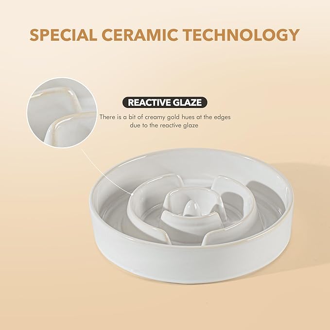 Ceramic 1.6 Cup Raised Slow Feeder Dog Bowl Set, Elevated 7.3inch Bowl and 8.2inch Dish with Acacia Wood Stand for Medium and Large Dog(Reactived Glaze -White