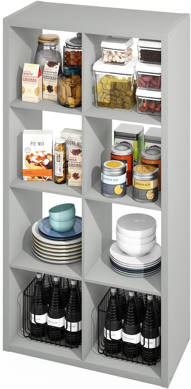 Furinno Hermite 8-Cube Open Shelves Kitchen Storage, Kitchen Island, Bakers Rack, Buffet Sideboard, Light Grey